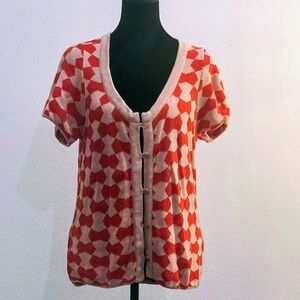 Short Sleeve Geometric Knit Cardigan in Orange And Tan